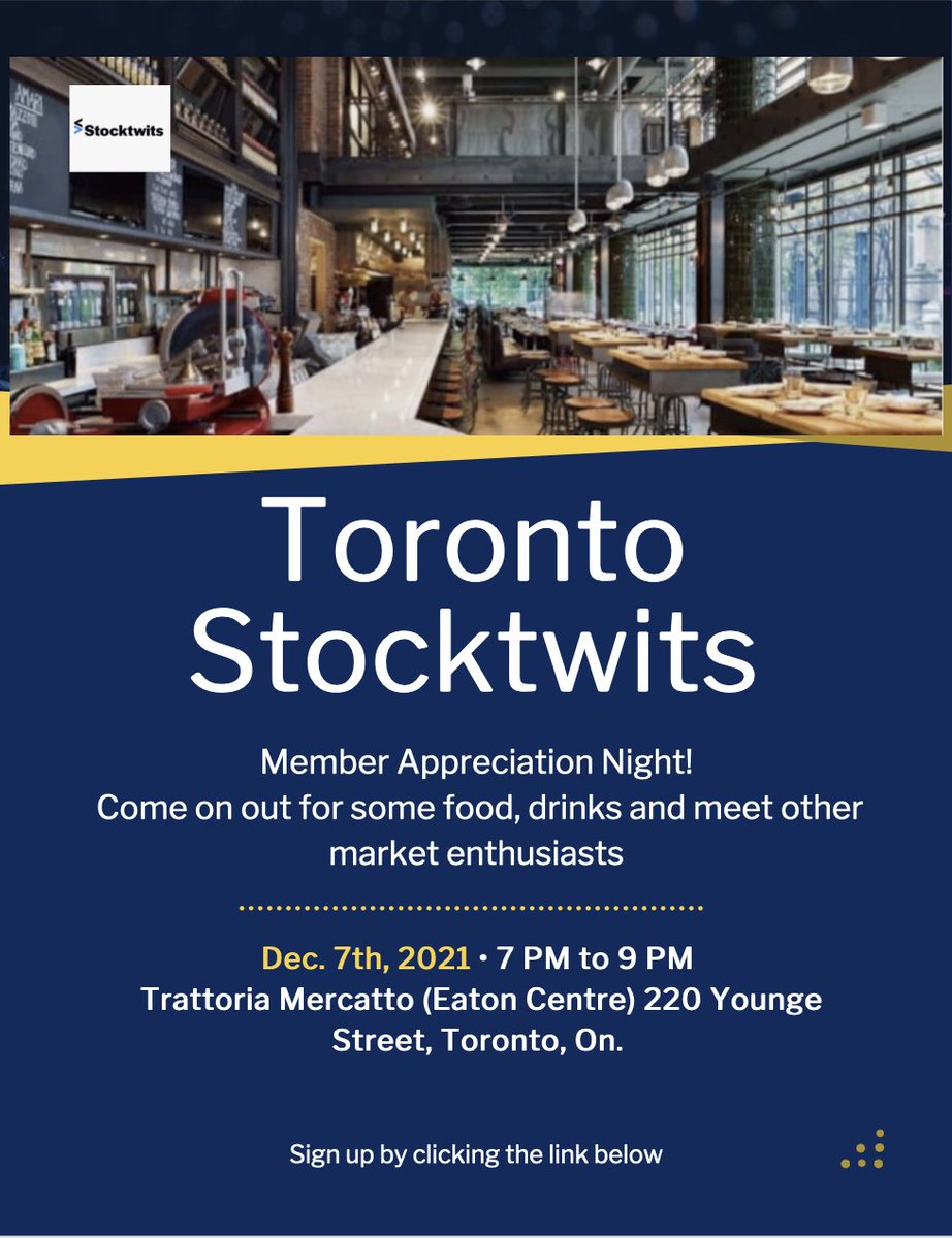 SueO99's tweet photo. Live in the Toronto area and want to meet other market enthusiasts?  Stocktwits  is helping to host this special event.  Sign up here: 
https://t.co/tWxC1lYwPW https://t.co/mQ8bhI8Jtv