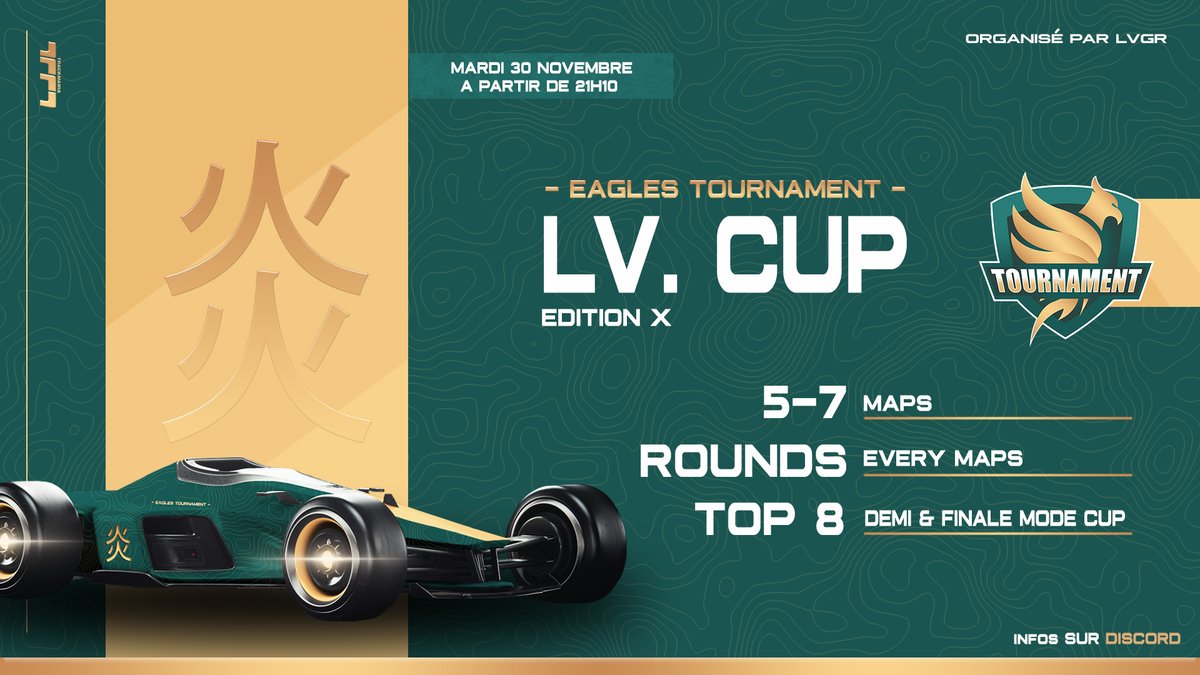 [#LVCupEagles] 🏎️

Rendez vous demain à 21h10 pour une nouvelle édition de la #LVCupEagles ! ⌚️

On vous attend nombreux avant de partir sur un mois de fêtes ! 🎅🎄

@LVGR_TM vous a, à nouveau, concocté des maps ... 🤯