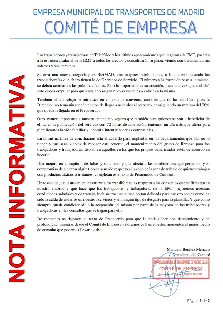 UgtEmtMadrid's tweet photo. ℹ️ PREACUERDO DE CONVENIO 2021-2023
🤝El Comité de Empresa da por finalizada la negociación y presenta el Preacuerdo de Convenio para los años 2021/22/23, quedando pendiente de su ratificación en Asamblea de trabajadores/as de la @EMTmadrid https://t.co/Xtxm4rxKlc