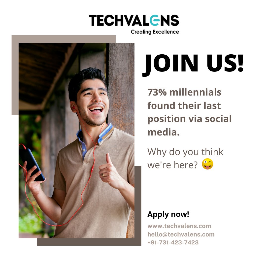 HRD_TechValens's tweet photo. Social media is the new job portal.
#techvalens #it #itservices #cloudcomputing #webdevelopment #enterprisemobility #informationtechnology #workculture #employee #employeeengagement https://t.co/LQl4fE6xB5