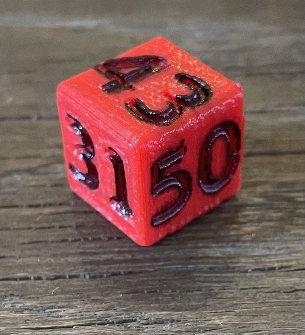 Stuck4ger's tweet photo. As @nickschmidle wrote in #TestGods, there was a lot of discussion regarding the proper rocket burn times for the first few powered flights of SS2 Unity. The Chief Engineer 3D printed this die to help us decide. 😆 https://t.co/j50GBQC00V