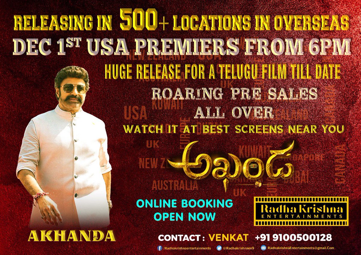 AKHANDA Huge Release in overseas.
Overseas by <a href="/Radhakrishnaen9/">Radhakrishna Ents</a>.watch it in best screens near you .All USA locations will be open by Monday evening or Tuesday Morning(local time) #NandamuriBalakrishna #BoyapatiSreenu <a href="/dwarakacreation/">Dwaraka Creations</a>  <a href="/ItsMePragya/">Pragya Jaiswal</a> <a href="/actorsrikanth/">SRIKANTH MEKA</a> <a href="/MusicThaman/">thaman S</a>