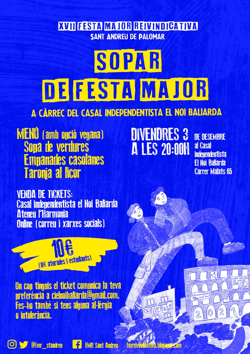Aquest divendres arriba el SOPAR DE FESTA MAJOR!🥳 Afanyeu-vos a aconseguir els vostres tiquets.

📌C/Malats, 65. 🗓Divendres 3D a les 20h. 

*Podeu trobar els tiquets a la venda a <a href="/ElNoiBaliarda/">El Noi Baliarda</a>, <a href="/AteneuHarmonia/">Ateneu L'Harmonia</a> o contactant amb nosaltres per correu electrònic.