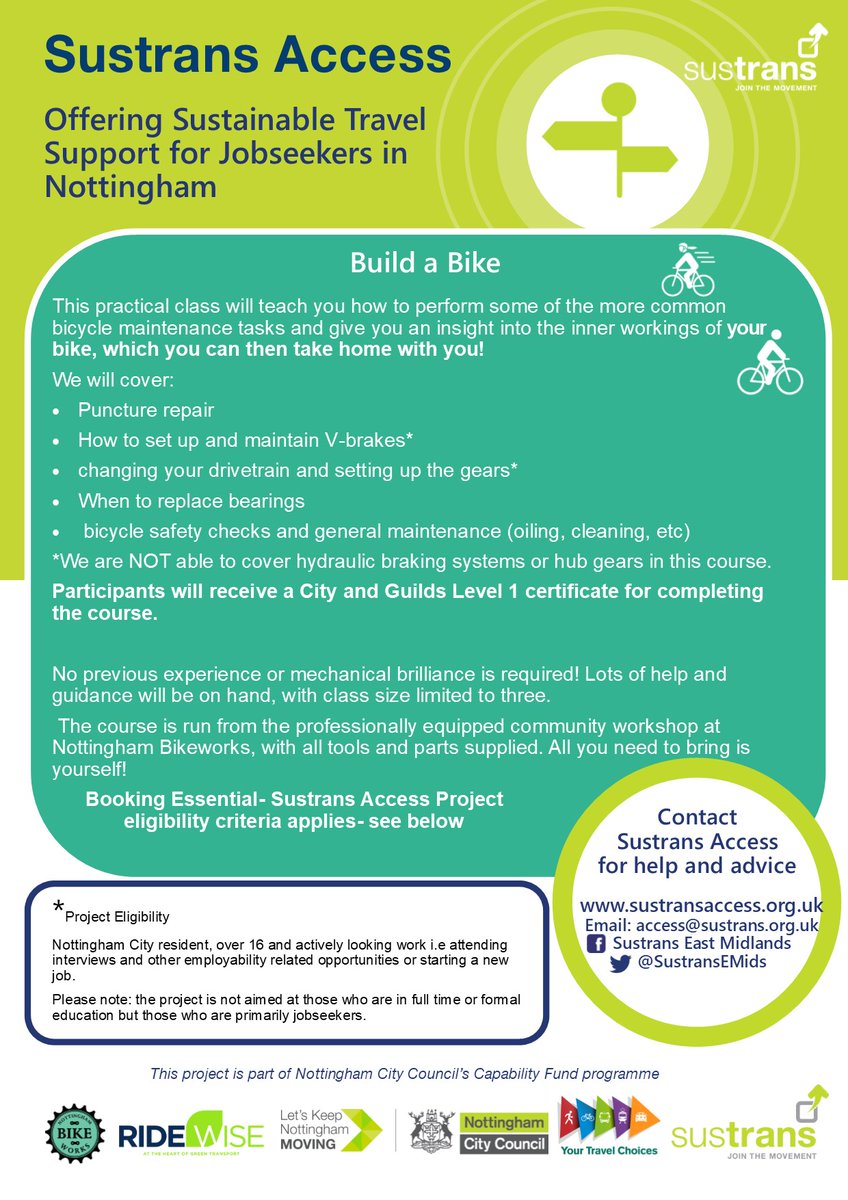 SustransEMids's tweet photo. #Nottingham jobseekers! Did you know the #sustransaccess project can give you a #free bike while you look for work or start a new job? Check β‘οΈhttps://t.co/JvmDRhkyxm for more info on our Free Reconditioned Bike and Build a Bike offer! π²π§ https://t.co/tP1gnzdka7