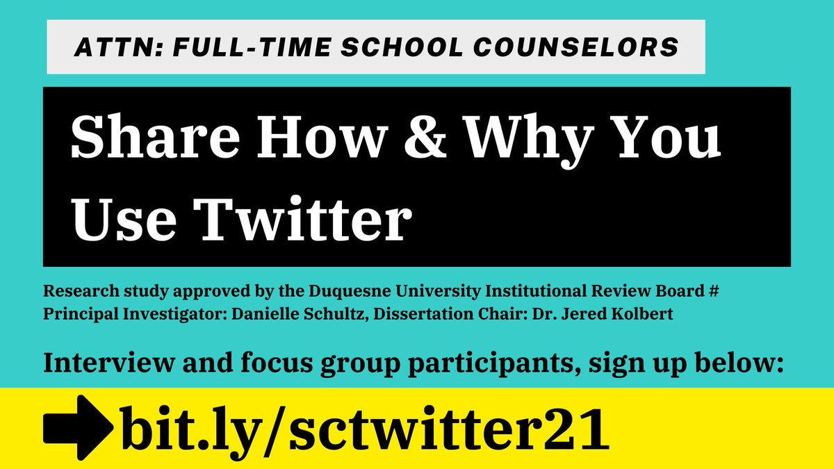 sch_counselor's tweet photo. ATTN: Full-time School Counselors – Interview &amp; focus group participants needed! Participate in my doctoral research about how &amp; why school counselors use Twitter --> https://t.co/NEBgR6Dl8a #scchat #schoolcounselor #counseloreducator #antiracistsc #esschat #msschat #hscchat https://t.co/nAAmmFIOIW