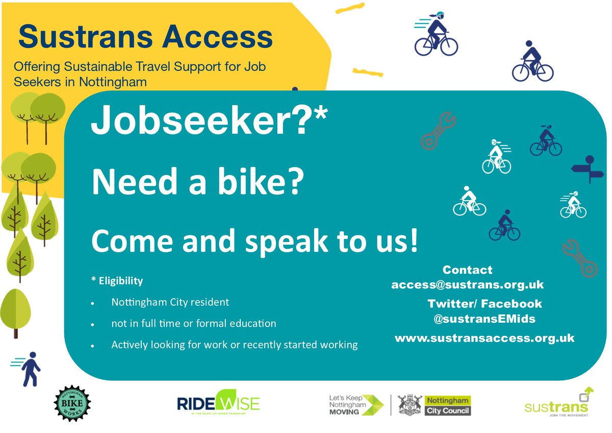 SustransEMids's tweet photo. #Nottingham jobseekers! Did you know the #sustransaccess project can give you a #free bike while you look for work or start a new job? Check β‘οΈhttps://t.co/JvmDRhkyxm for more info on our Free Reconditioned Bike and Build a Bike offer! π²π§ https://t.co/tP1gnzdka7