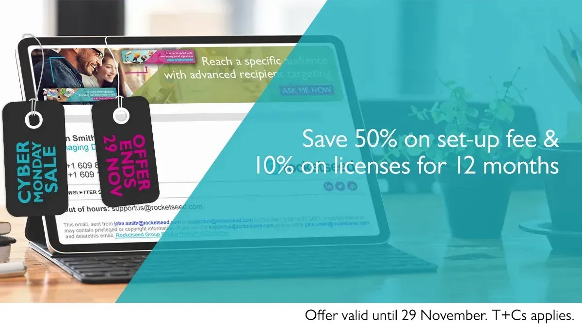 rocketseed's tweet image. The best thing you can do for your brand this #CyberMonday?

Secure your professional business #EmailSignatureSoftware &amp;amp; avoid the 2022 price hike!📈

Book your demo TODAY to qualify for our limited-time offer!

T&apos;s&amp;amp;C&apos;s apply.
👉bit.ly/3HIahes
