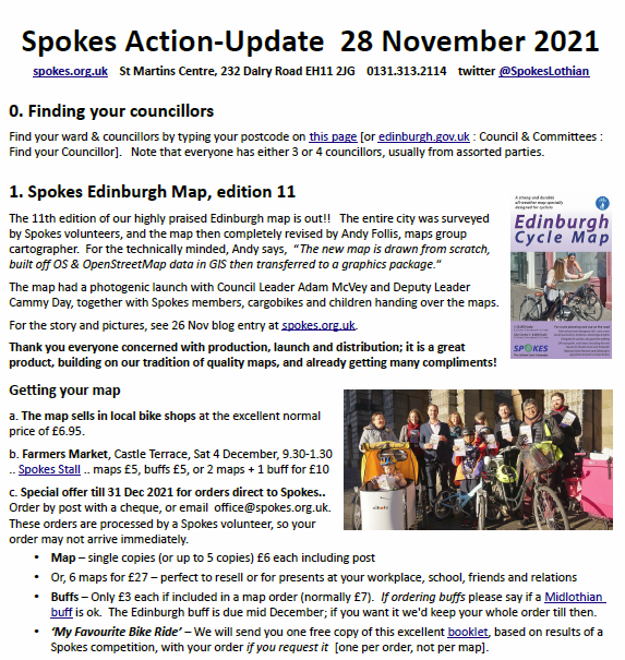 SpokesLothian's tweet photo. Spokes #ActionUpdate 28.11.21

🙋‍♀️HERE->https://t.co/lpEUr0EOzg

Includes:
- New #Edinburgh map
- #SpacesForPeople latest
- Planning proposals Cameron Toll/ Granton/ Ratho/ HaymarketYards
- Cargobike support
- Everyday cycling cartoons
.. and more

@CyclingSurgeon @DrCarolineBrown https://t.co/0k3Fg95dz8