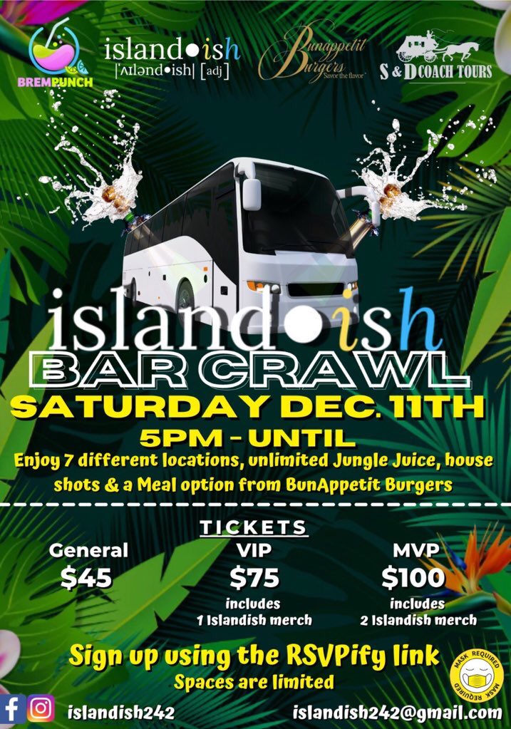 sweetcomfortinc's tweet photo. Don't forget to Book your Ticket for Islandish Bar Crawl. You must submit payment within 48 hours of booking to avoid reservation cancellation. 

Last Day to Book &amp; Pay: Thurs. Dec. 9th! 

Booking link is on our Linktree:  https://t.co/Nl0sOGVzG5 https://t.co/F7LIrZLmgH