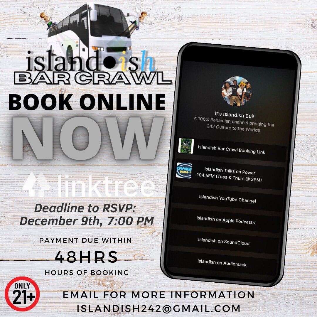 sweetcomfortinc's tweet photo. Don't forget to Book your Ticket for Islandish Bar Crawl. You must submit payment within 48 hours of booking to avoid reservation cancellation. 

Last Day to Book &amp; Pay: Thurs. Dec. 9th! 

Booking link is on our Linktree:  https://t.co/Nl0sOGVzG5 https://t.co/F7LIrZLmgH