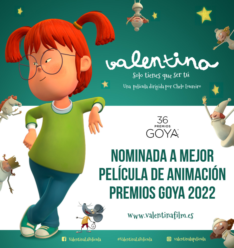 ¡Estamos muy felices de anunciaros que VALENTINA está nominada a Mejor Película de Animación en los #Goya2022! 👧🏽🎬🎉 <a href="/PremiosGoya/">Premios Goya</a>

Muchas gracias a <a href="/Academiadecine/">Academia de Cine</a>💖 

Enhorabuena a todo el equipo de la película 👏🏽👏🏽👏🏽

#ValentinaLaPelícula estreno en cines 10 de diciembre