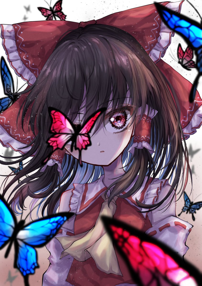 hakurei reimu 1girl butterfly bug solo ascot hair tubes bow  illustration images