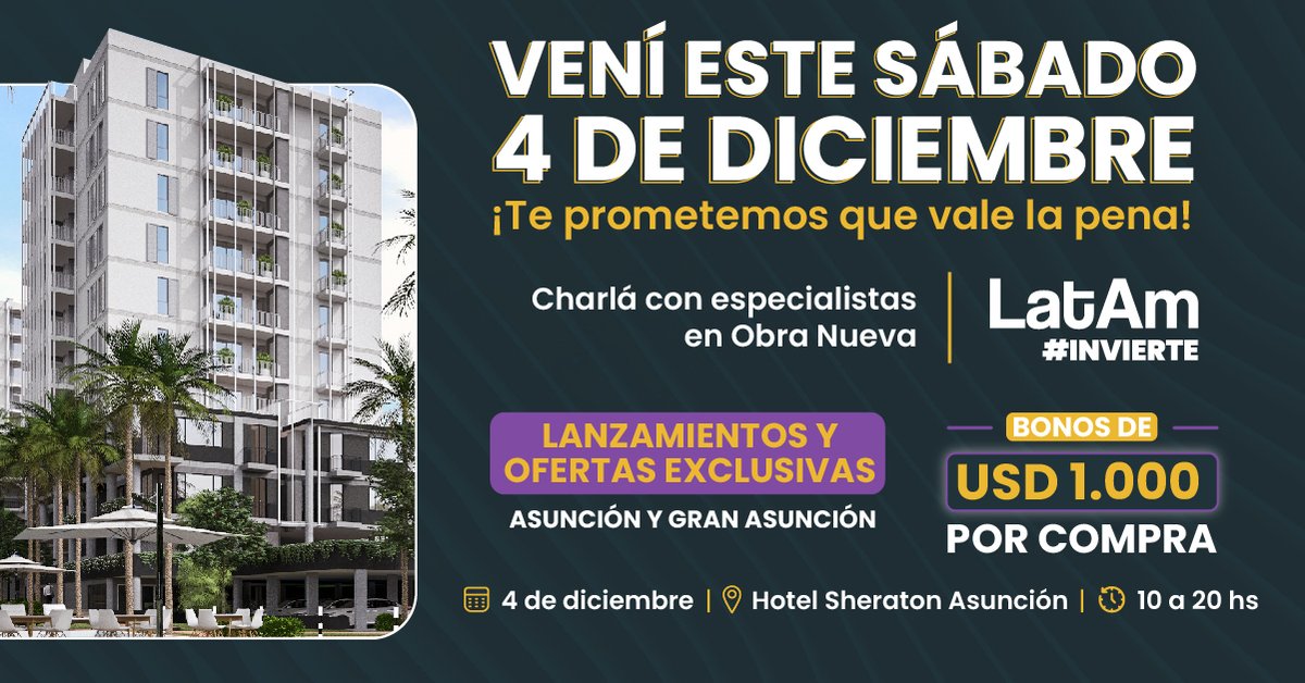 infocasaspy's tweet photo. Este sábado 4 de diciembre vení al Hotel Sheraton Asunción de 10 a 20hs para conocer lanzamientos de obra nueva, más de 30 proyectos y asesorarte directamente con los desarrolladores 👏

🎁 Bonos de USD 1.000 por compra

¡Registrate para asistir! ➡️ https://t.co/p5V2Tr7OMq https://t.co/7o0meI6lYO