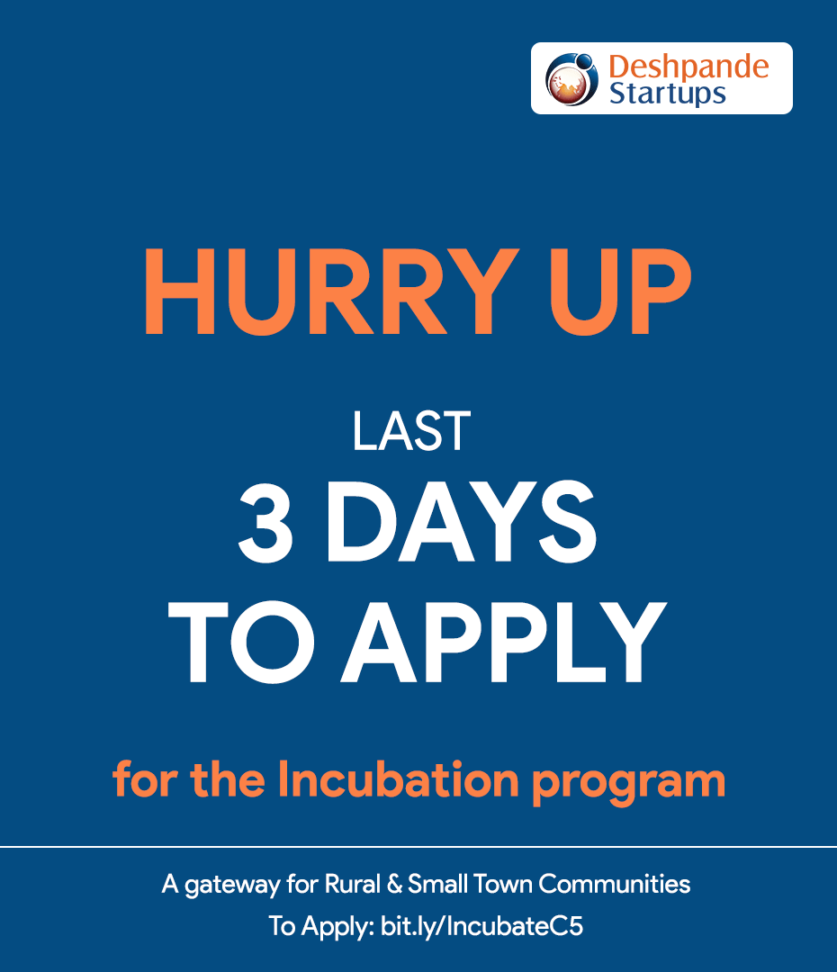 DFstartups's tweet photo. If you haven't applied yet then get to the link now and apply for the Deshpande Startups' Incubation Program.
HURRY UP !! Last 3 days left for the Application to close.
Application link: https://t.co/wnhdDJDl4q https://t.co/ZedH0K4RAp