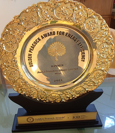 Jindal_Official's tweet photo. #JindalStainless has always been working towards creating a #sustainable future, which begins from our manufacturing plants itself. 

Our continual efforts saw Jindal Stainless (Hisar) Limited bag this year’s ‘Golden Peacock Award’ for #EnergyEfficiency today! #JSHL https://t.co/6u3UvmGY65
