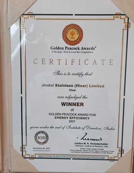 Jindal_Official's tweet photo. #JindalStainless has always been working towards creating a #sustainable future, which begins from our manufacturing plants itself. 

Our continual efforts saw Jindal Stainless (Hisar) Limited bag this year’s ‘Golden Peacock Award’ for #EnergyEfficiency today! #JSHL https://t.co/6u3UvmGY65