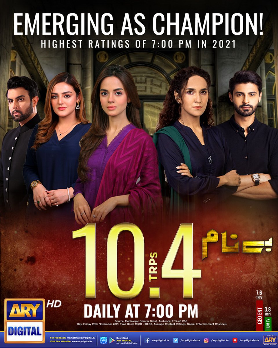 arydigitalasia's tweet photo. What a Success! Drama Serial #Benaam achieves Highest Ratings of 7:00 PM slot in 2021!! 😎
We are truly overwhelmed by such tremendous feedback!!
Keep watching it daily at 7:00 PM only on #ARYDigital https://t.co/R93nuQMPHd