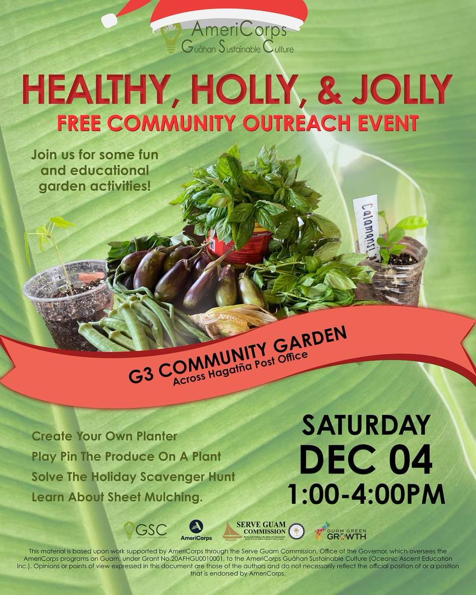 gusustainable's tweet photo. 🎄Healthy, Holly, &amp; Jolly!🎄

AmeriCorps Guåhan Sustainable Culture members will be hosting several fun and educational Holiday activities on Saturday, December 04, from 1:00 - 4:00 PM at the G3 Community Garden in Hagåtña. 

https://t.co/bCT2ZJ7ILm

We hope to see you there! 🌱 https://t.co/M3IBEUp8Lr