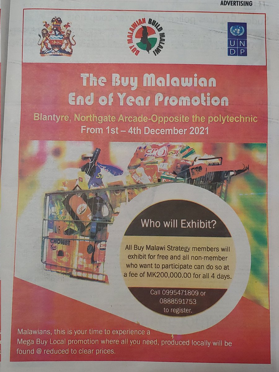 komatsubarasan1's tweet photo. @UNDP proudly supports @BuyMalawian campaign. Pls come discover, enjoy shopping and help 🇲🇼 companies, entrepreneurs, producers create jobs and incomes. Your patronage is investment in the future of 🇲🇼. @MalawiGovt @undpmalawi @UNMalawi @UNDPAfrica @MICF_Malawi @GrowMw @MoITTMW https://t.co/qtJfWOBlK7