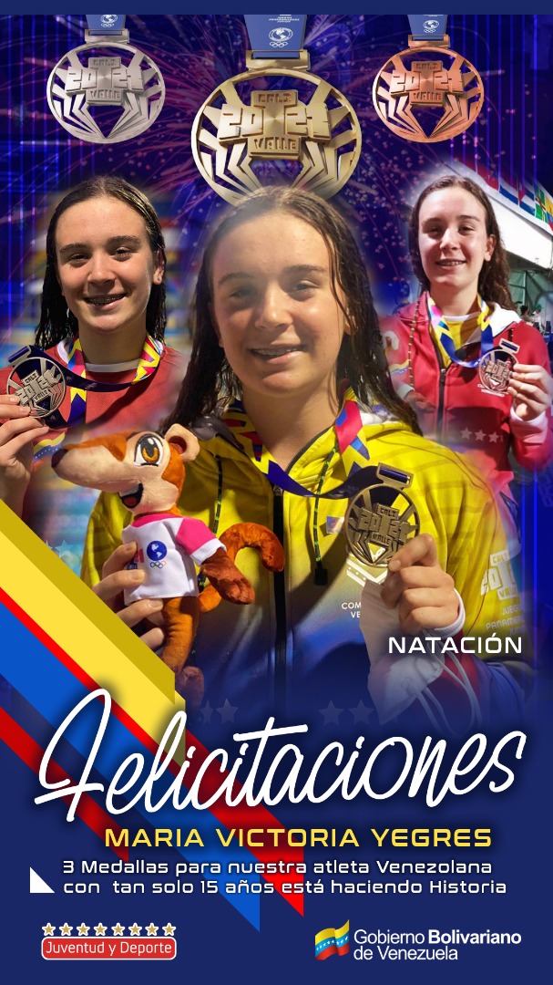 PrensaFANB's tweet photo. 🇻🇪 ¡¡Orgullo Patrio!! Con tan solo 15 años nuestra sirena María Victoria Yegres nadó 3 pruebas y ganó 3 medallas; ORO: 800M, PLATA: 200M y BRONCE: 400M. Hasta los momentos, es la única múltiple medallista de Venezuela en los Juegos Panamericanos Juveniles #CaliValle2021. https://t.co/GqzynSOZcF