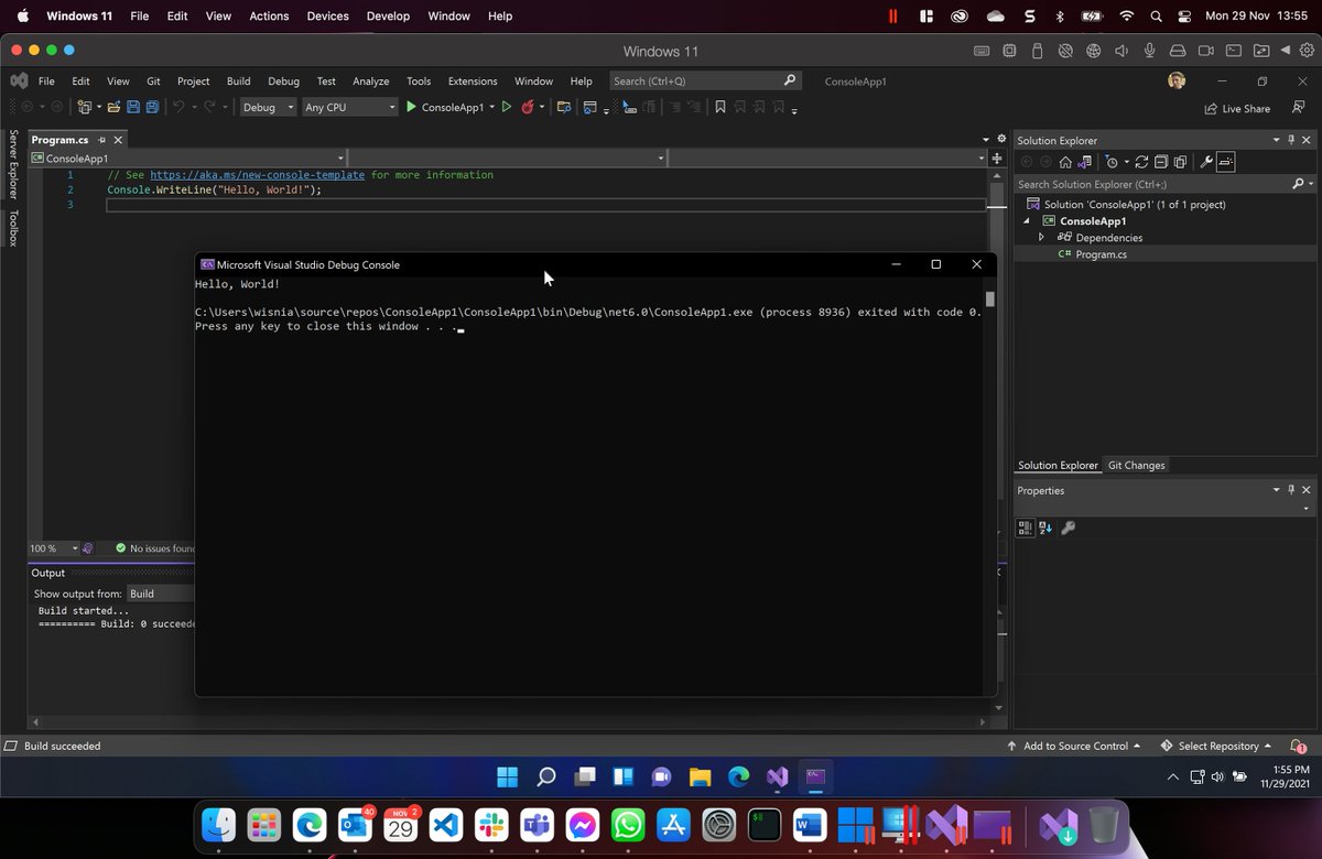 wisniewskit's tweet photo. Running a 2021 MBP M1 Pro, @ParallelsMac with @Windows 11 for ARM, @VisualStudio 2022 and launching a .NET 6 Console app - times are crazy :D #apple #MacBookPro #Windows11 #Microsoft #dotnet #visualstudio https://t.co/TdEr9JhnBZ