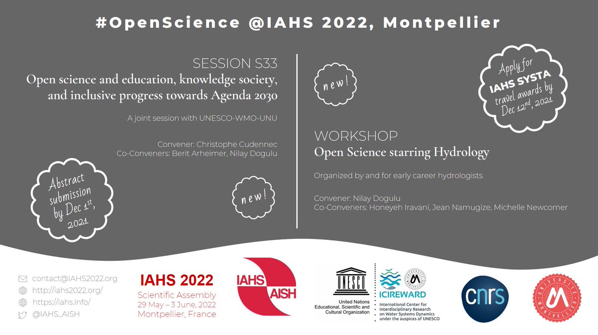 DoguluNilay's tweet photo. #IAHS2022 @IAHS_AISH will host 1 new session &amp; 1 new workshop on #OpenScience @Open_Hydrology. Please note the upcoming deadlines for abstract submission (December 1st) and #SYSTA travel award (December 12th). More information is available at https://t.co/pHVqz9Ff44 https://t.co/JNwWVTYcIX