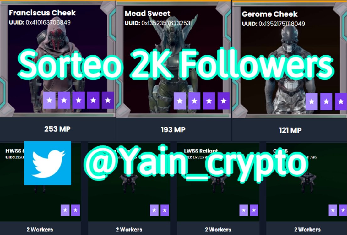 Hora del Sorteo!
Premios: R5 253, R4 193, R3 121 y 4 naves R2.
Requisitos:
-Follow
-RT y Like a este tweet
-Comentar con tu wallet
-Comentarios con memes o de amor tienen un x2 :3

El sorteo acaba cuando llegue a 2K Follows!
Suerte a todos! :D
<a href="/CryptoMinesApp/">CryptoMines | Play to Earn</a>