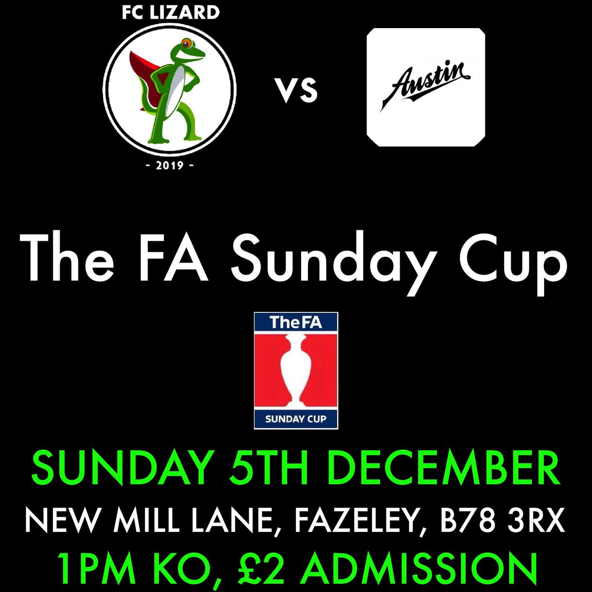 FCLizard2's tweet photo. ⚽️ GAME DETAILS ⚽️

This Sunday we welcome @AustinExFC to New Mill Lane for our @FASunday_Cup game, and are the only representative for the TDSFL

Come down and support the Lizards, with the bar open throughout the afternoon!

🦎🦎🦎

#UTFL https://t.co/X7I0ExYKb4