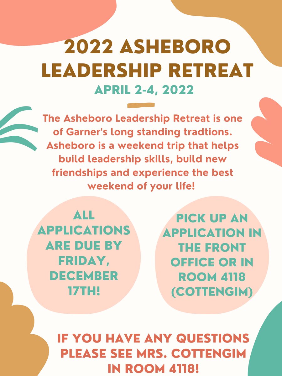 2022 Asheboro Leadership Retreat applications are out NOW!🥳 The things you learn at Asheboro will stick with you forever! You don’t want to miss it! APPLY NOW! <a href="/CarterHillman/">Carter Hillman</a>  <a href="/GarnerClass2023/">Garner Class of '23</a> @garner2025 <a href="/garner2022/">Garner2022</a> <a href="/GMHSclassof2024/">GMHS Class of 2024</a> <a href="/APCrystalJBrown/">Crystal J Brown</a> <a href="/TrojanAP/">Trojan_AP</a>
