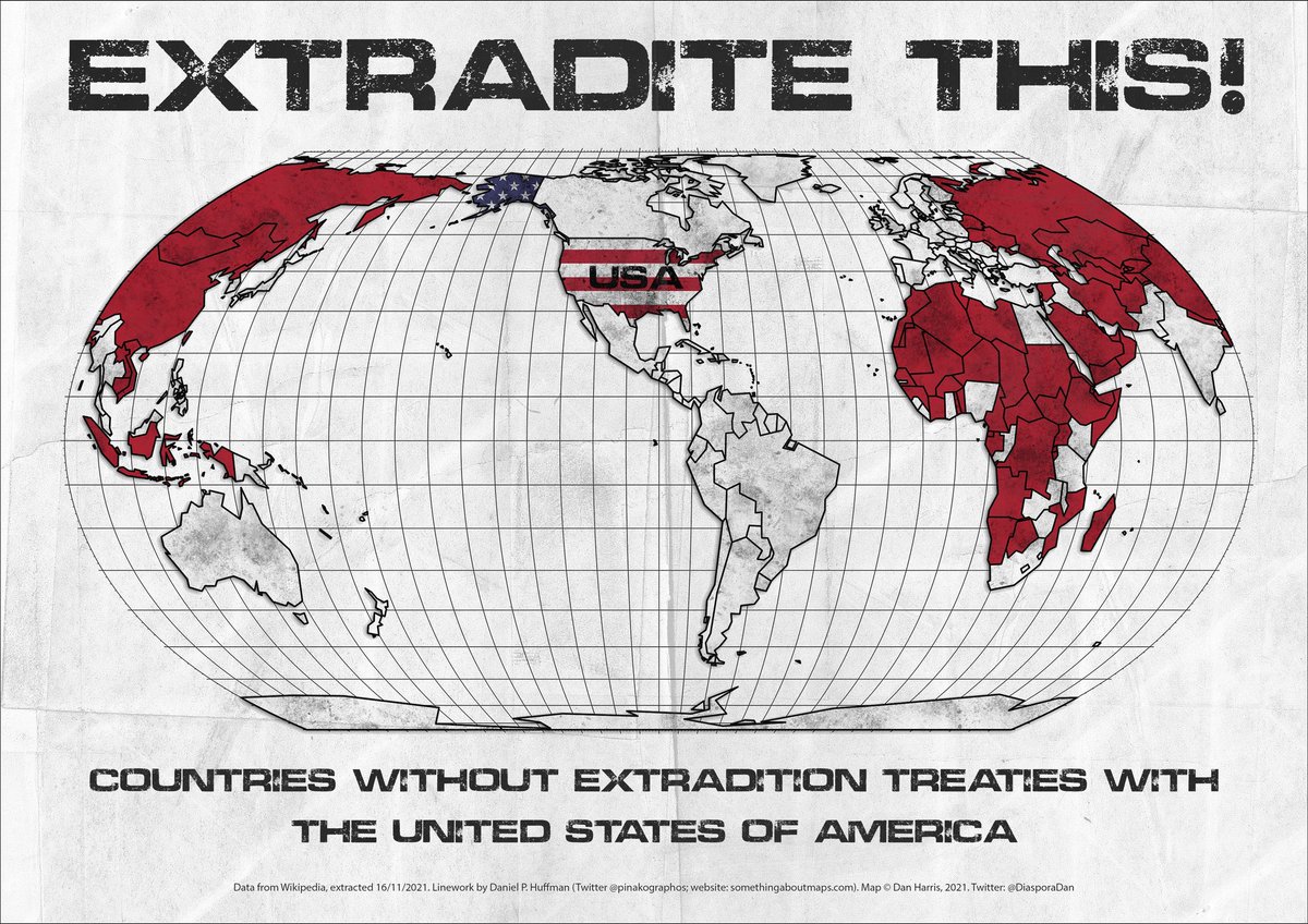 #30DayMapChallenge day 29 - null. Countries without extradition treaties with the USA. Handy to know if any of my American friends ever need to flee the country. https://t.co/FsqGKw8gek