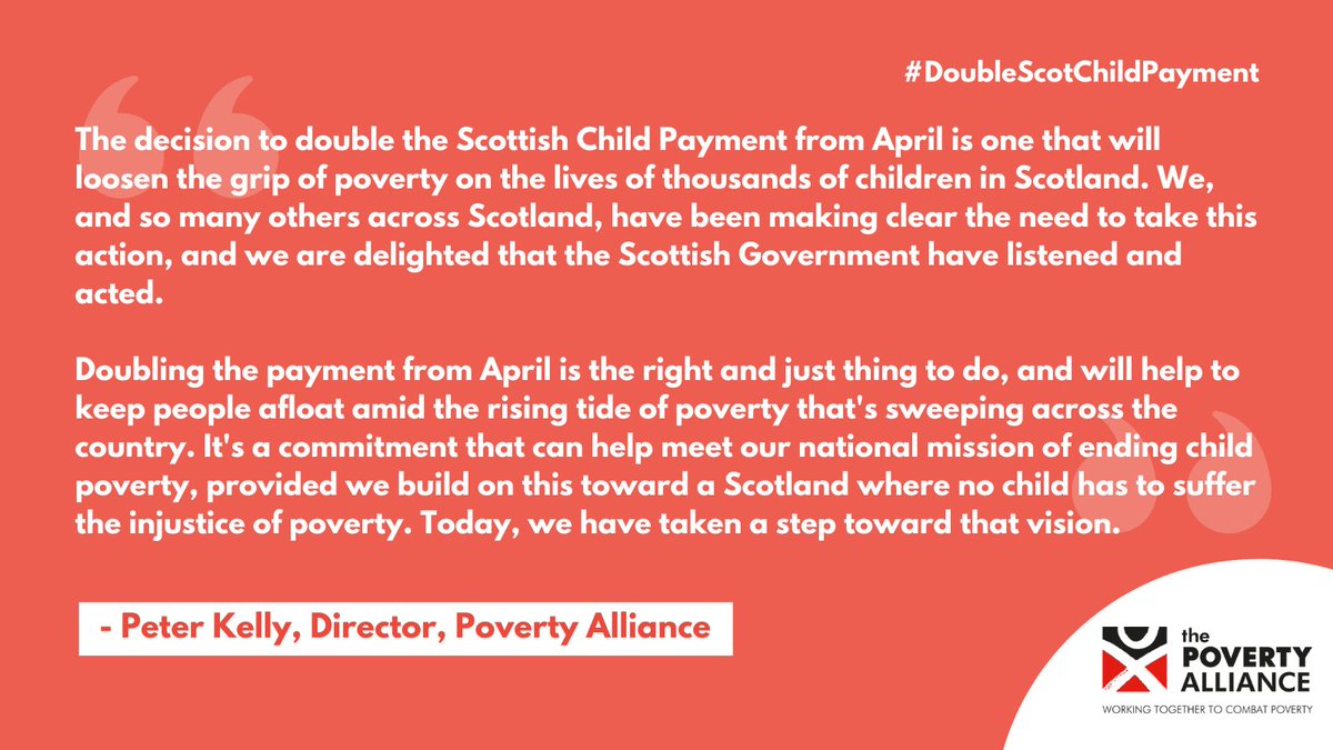 PovertyAlliance's tweet photo. BREAKING: @NicolaSturgeon has announced that the Scottish Child Payment will be doubled from April 2022.

We are delighted to hear that the calls from across Scotland for @scotgov to do the right thing have resulted in this action.

A Scotland free from poverty is possible. https://t.co/gtQ4p0xLnM