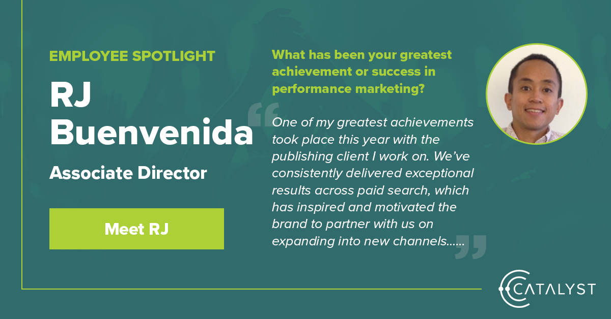 Kudos to RJ Buenvenida, Catalyst's latest #EmployeeSpotlight! Head to the blog to learn more about RJ's greatest achievements in #performancemarketing and a fun fact about how he spends his free time (hint: it involves planes and parachutes). bit.ly/3xxrIcK