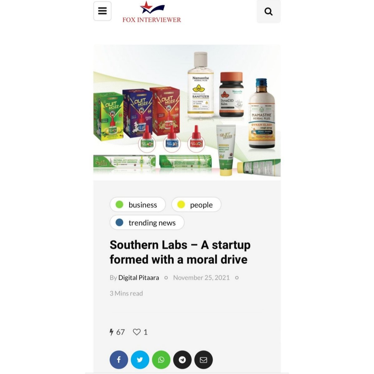 LabsSouthern's tweet photo. Founded for the noble cause of eliminating mosquito-borne diseases from Kerala,  the start-up Southern Labs is reaching new heights.

Excited to findout what our founder, Mr. Srikant Prasannan has got to say in his interview? https://t.co/xyFrodn4b5

#quitmozz #foxinterview https://t.co/CKVCxCF9zW