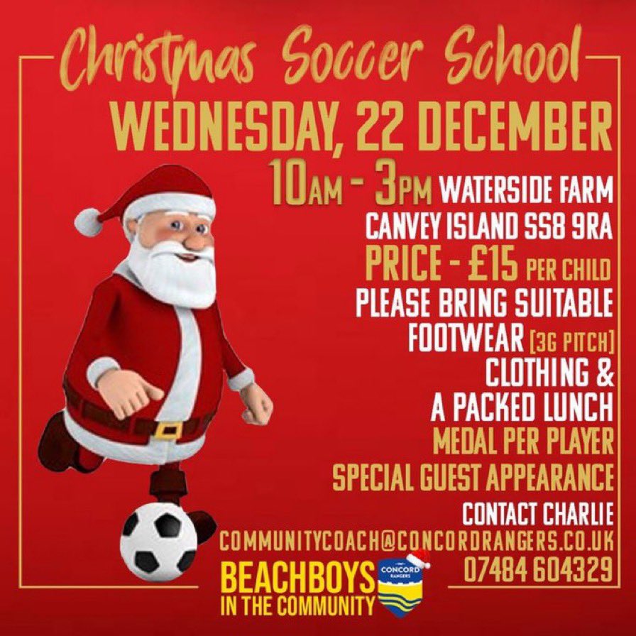 ConcordRangers's tweet photo. SOCCER SCHOOL: 

Our Christmas Soccer School is back this December for one day only! 

To book your child’s pace email Charlie: community@concordrangers.co.uk 

#YAMC 💛💙 https://t.co/UfpXIH8MuN