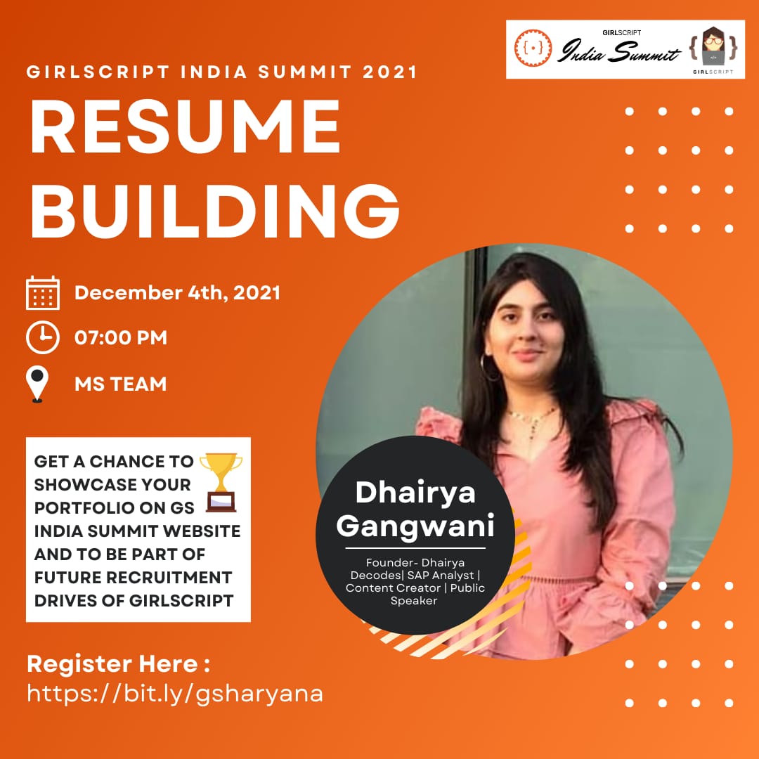 GirlScriptPnp's tweet image. GirlScript Haryana brings to you an exciting session on Resume Building with Ms Dhairya Gangwani
Your Portfolio Website would be made available on GSSummit official website
Register: bit.ly/gsharyana

#gssummit2021 #gsindia #gsindiasummit #gsharyanasummit #gsregionalsummit