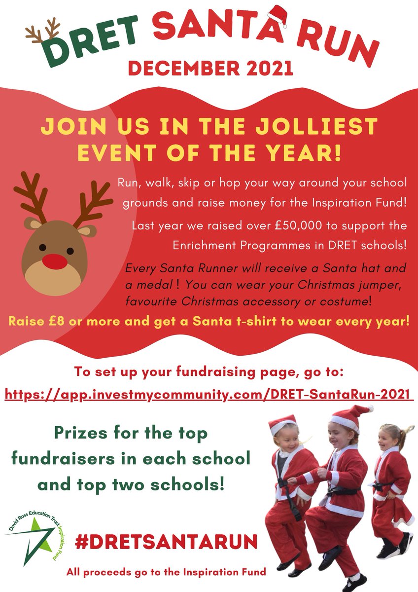 Dret_Enrichment's tweet photo. Just 7 days left to get your #DRETSantaRun sponsorship pages up and running! All proceeds go to the #InspirationFund which enables all @DRETnews schools to offer life-changing opportunities to pupils through music, sport and cultural enrichment! https://t.co/6dOybFm5iF
