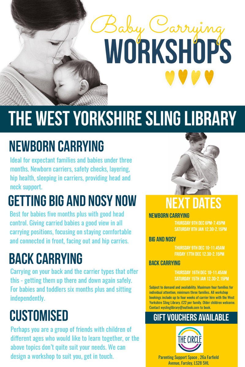 wyslinglibrary's tweet photo. New workshop style sessions at WYSL at our new space @circlefarsley @wyslinglibrary - carrying your little one safely and comfortably. #leeds #farsley #pudsey #horsforth #carrierhire #bramley #kirkstall #chapelallerton #meanwood #armley #calverley #garforth #holtpark #westpark https://t.co/bzlc5x8iVa