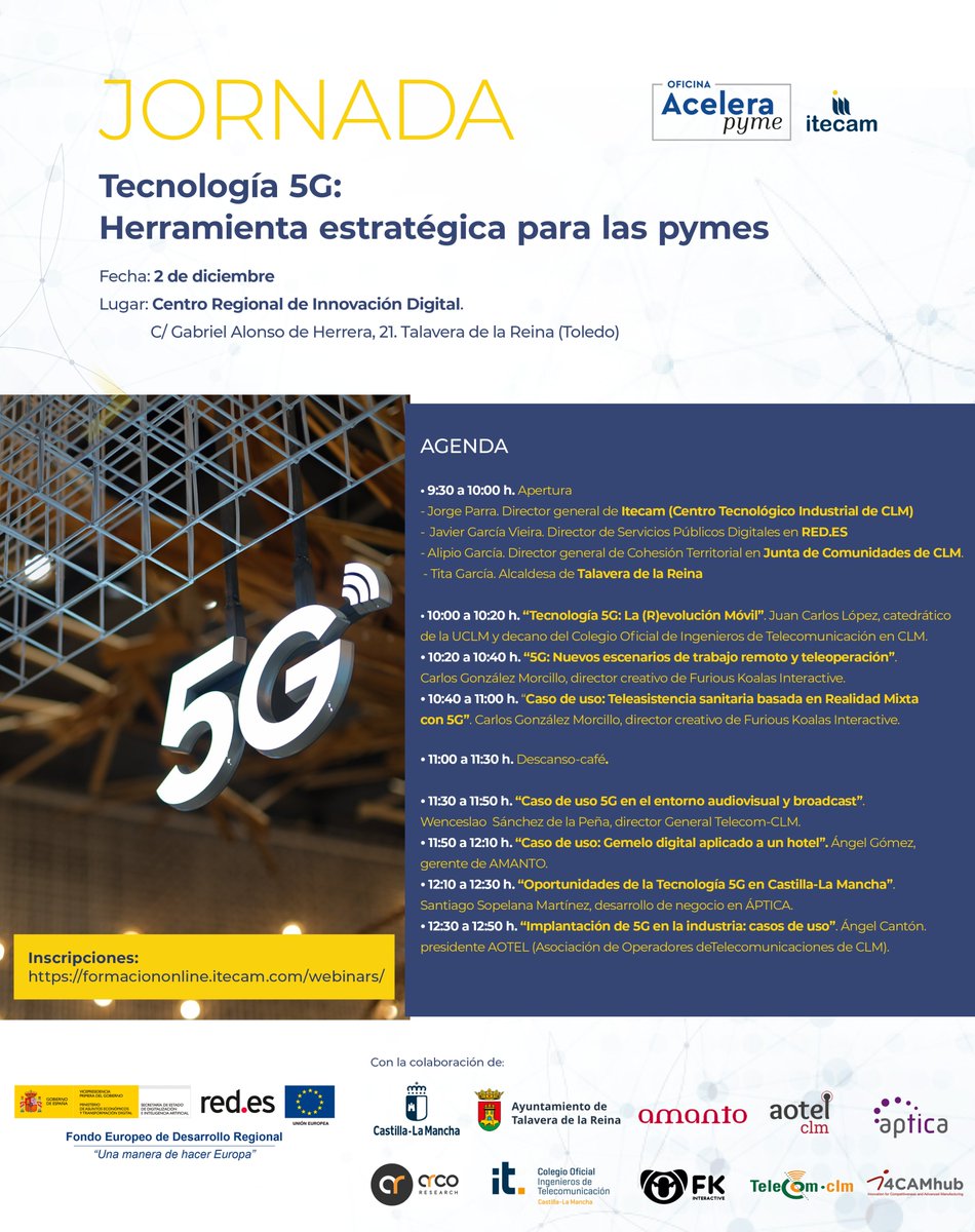 Juan Carlos López (@jclopez2) on Twitter photo Jornada sobre #5G en #TalaveradelaReina el día 2 de Dic. Si quieres saber las posibilidades de esta tecnología, no te la pierdas!! Se presentará el piloto que se desarrolla en #castillalamancha con varios casos de uso <a href="/DSostenibleCLM/">Desarrollo Sostenible CLM</a> <a href="/COIT_AEIT/">COIT_AEIT</a> <a href="/itecam_CT/">Centro Tecnológico Industrial de CLM</a> <a href="/uclm_es/">Universidad de Castilla-La Mancha</a> <a href="/redpuntoes/">Red.es</a> Jornada sobre #5G en #TalaveradelaReina el día 2 de Dic. Si quieres saber las posibilidades de esta tecnología, no te la pierdas!! Se presentará el piloto que se desarrolla en #castillalamancha con varios casos de uso <a href="/DSostenibleCLM/">Desarrollo Sostenible CLM</a> <a href="/COIT_AEIT/">COIT_AEIT</a> <a href="/itecam_CT/">Centro Tecnológico Industrial de CLM</a> <a href="/uclm_es/">Universidad de Castilla-La Mancha</a> <a href="/redpuntoes/">Red.es</a>