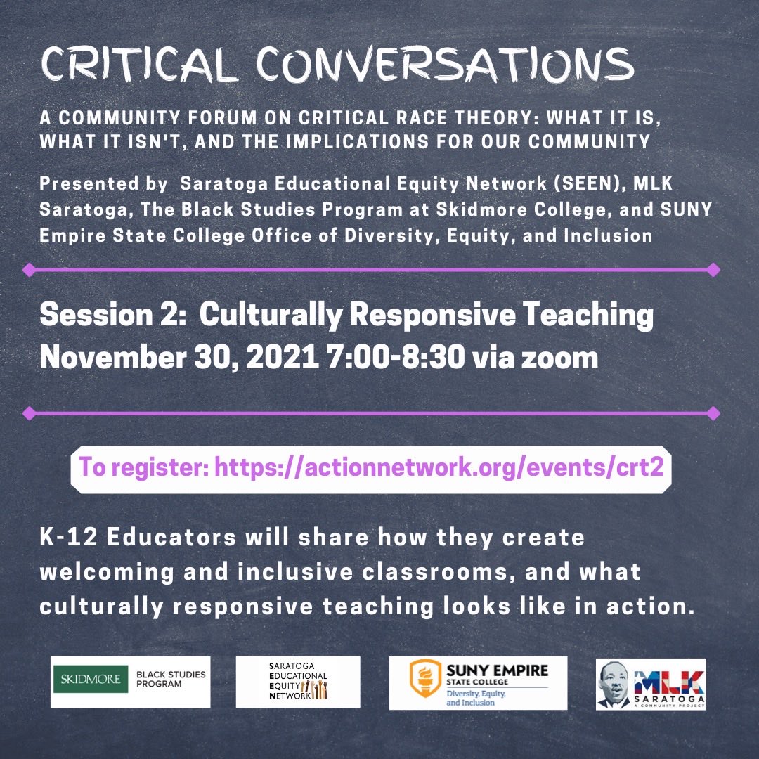 Join us tomorrow night (11/30) for a discussion about the other CRT: Culturally Responsive Teaching. Register at: actionnetwork.org/events/crt2 #crt #criticalconversations