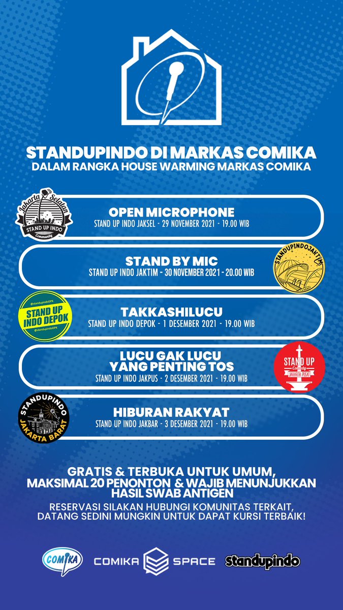 pandji's tweet photo. Besok sampai Jumat di #MarkasComika masi ada komunitas standupindo mau latian. Yg mau nonton silakan DM komunitas terkait , gratis tapi masuk pake peduli lindungi &amp; harus udah antigen negatif. https://t.co/TzvbyquoHb