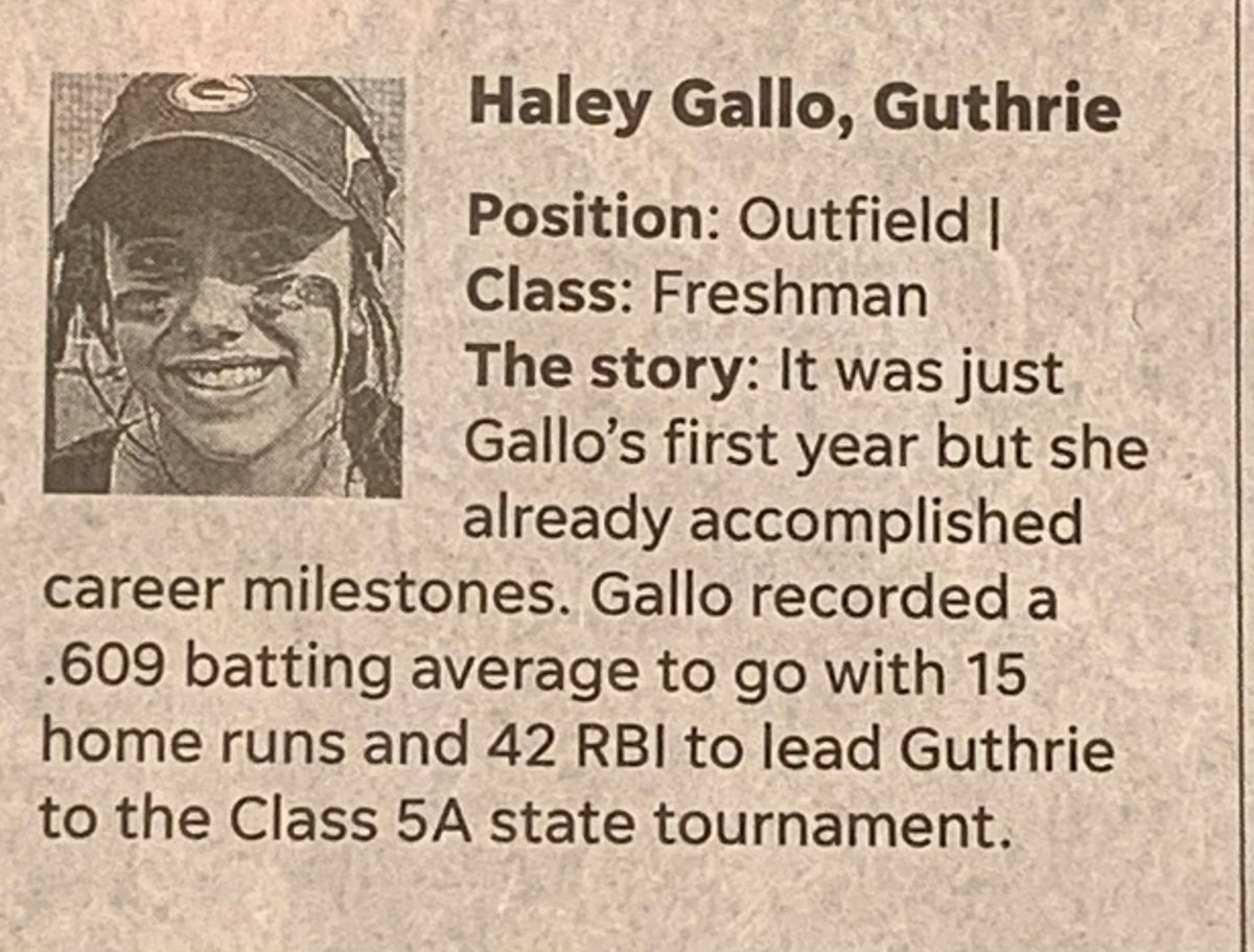 TE2024_National's tweet photo. Congratulations to 2025/Haley Gallo-CF for being selected as a Big All City First team - Outfield which includes 6A, 5A, &amp; 4A players in Oklahoma. She is the only freshman to make the first or second teams. Way to be Elite, Haley!
@TulsaEliteSB 
@haleygallo3 
#TE2024National https://t.co/QCf1JkFudG