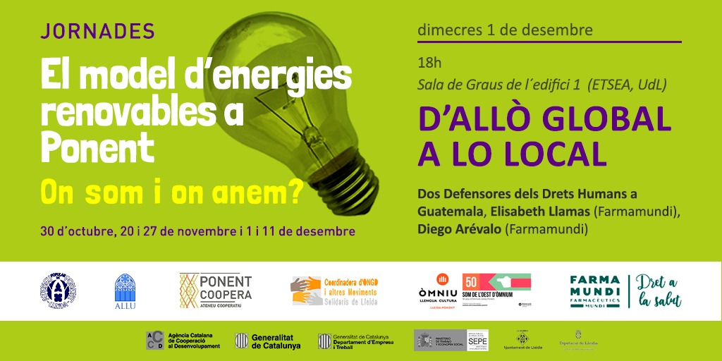 dretalasalut's tweet image. 📢Amplifiquem de primera veu i lluites de defensores de comunitats i territoris afectectats per empreses extractivistes internacionals: vulneració de ddhh, assessinats, contaminació, expoli #LocalGlobal #GlobalLocal #alertadh ⏰1desembre21, 18h, Sala Graus, Edifici 1, @ETSEA_UdL