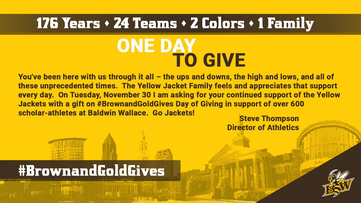 bwathletics's tweet photo. Less than 24 hours to #BrownandGoldGives and your opportunity to support over 600 outstanding young men and women as they strive for success in the classroom and in competition.  #BWGrit #GritSince1845 https://t.co/jdNzoAwqug