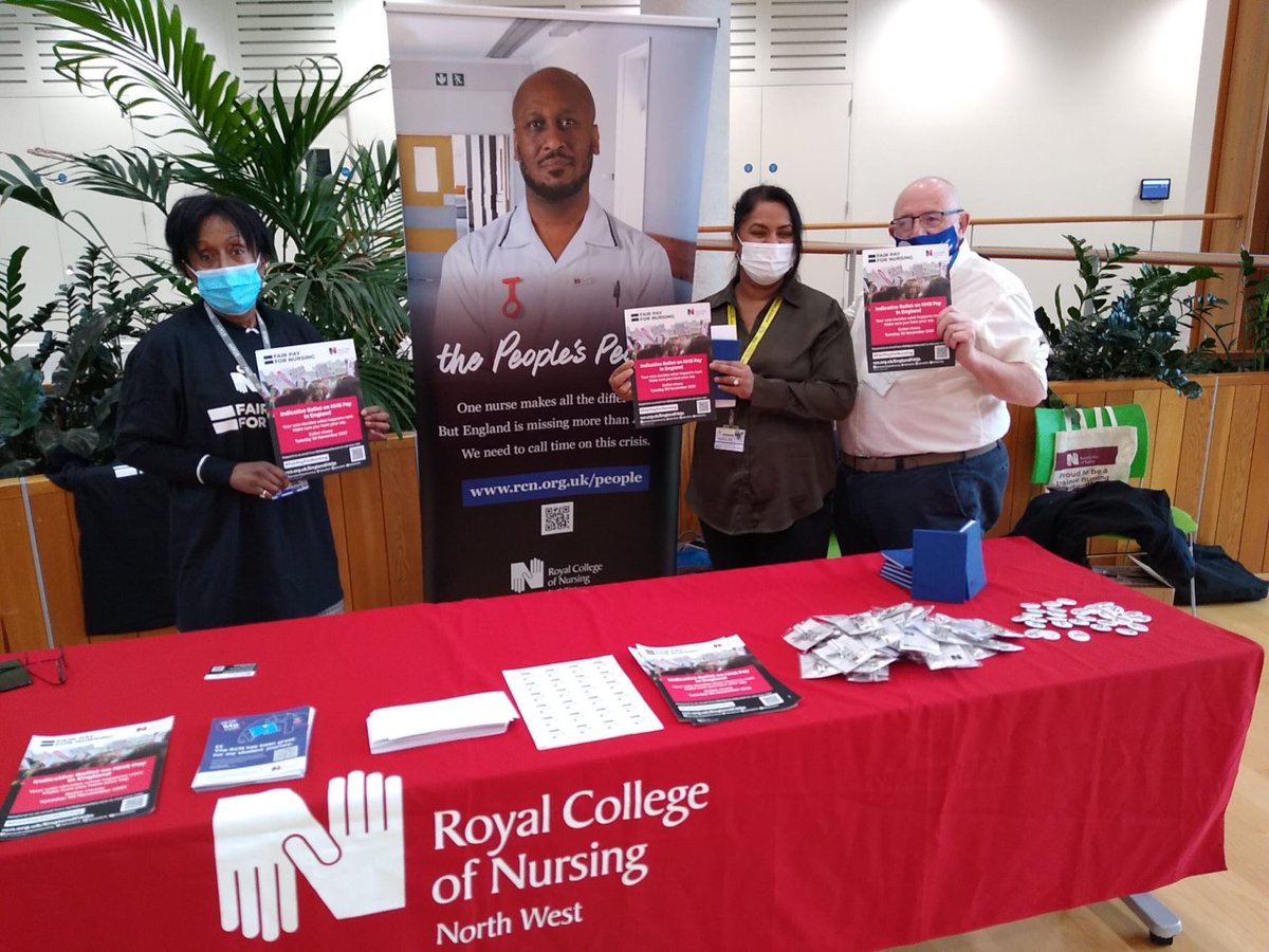 RCNNorthWest's tweet photo. Less than 24 hours to cast your vote in our indicative ballot on industrial action. Regional Director @EstephanieDunn NW TU committee member @OddyMike and local reps have been out and about @AlderHey talking to members of the public, staff and @theRCN members about #FPFN https://t.co/6Ay9EpXaM6