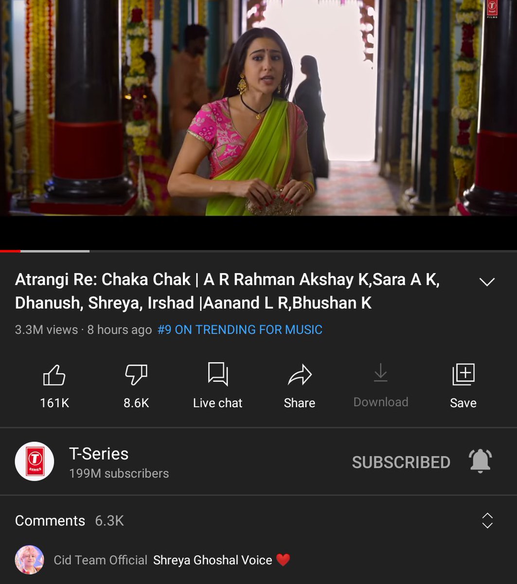 RenushaSG's tweet photo. #ChakaChak is #9ontrending with 3.3 Million views.. And we can see so many appreciation for Shreya x ARR combo ❣️
#ChakaChak #ChakaChakalathi #AtrangiRe @shreyaghoshal  @arrahman  @SaraAliKhan @dhanushkraja @akshaykumar @Irshad_Kamil https://t.co/vhJ6FPQQIm