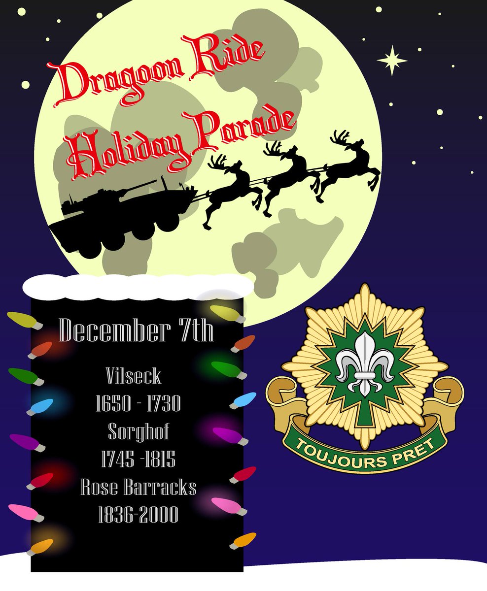 USAGBavaria's tweet photo. #SaveTheDate: The @2dCavalryRegt is hosting the #DragoonRide — their annual holiday parade for #USAGBavaria.
This year, they will be spreading holiday cheer to our American families and German neighbors off-post in Vilseck & Sorghof (Dec. 7) and Grafenwoehr & Netzaberg (Dec. 8). https://t.co/jmn5Jg9Icf