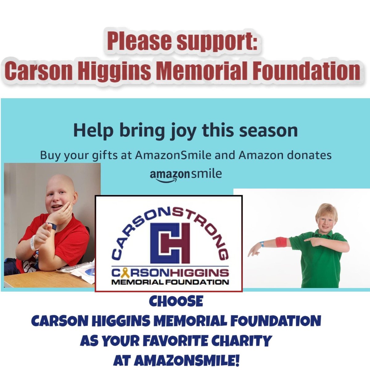CarsonStrong4's tweet image. CYBER MONDAY/AMAZON SMILE-  SHOP &amp;amp; GIVE= WIN WIN!!      1) Go to smile.amazon.com 2) Sign in with your Amazon account information. 3) Search for The Carson Higgins Memorial Foundation to designate an organization. 4) Click “Select.” 
@CARSONSTRONG @AmazonSmile @CyberMonday