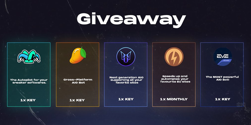 We teamed up with some of our friends to give away great prizes 🎁

1x <a href="/JokerAutomation/">JOKER</a> key 
1x <a href="/MangoAIO/">MangoAIO</a> key 
1x <a href="/UnleashedIO/">UnleashedIO</a> key 
1x <a href="/caffeine_ext/">Caffeine</a> Monthly 
1x <a href="/EveAIO/">EveAIO</a> key 

Rules ✍️
• RT &amp; Like 
• Follow All Accounts 

Ends in 72 hours ⏰