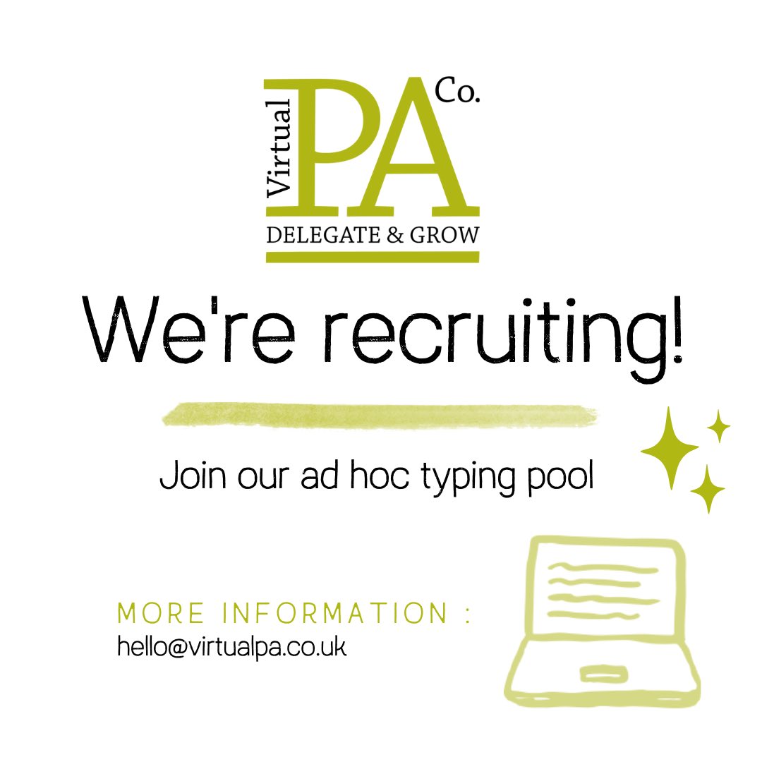 VirtualPACo's tweet photo. We are looking for a flexible remote #audiotypist who can type up dictated documents, #proofread and return to us, either as a Word doc or into a client’s system.

If this is of interest, please get in touch for more details: hello@virtualpa.co.uk ✨

#jobvacancy #virtualPA https://t.co/zWK6VV5sf9