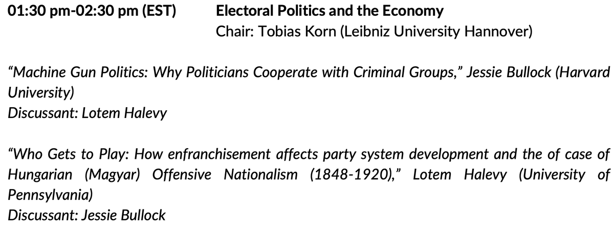 gradstudent_ipe's tweet photo. 1:30-2:30pm EST: @lotemhalevy and @jessiebullock  present on the "Electoral Politics and the Economy" panel, chaired by @KornTob https://t.co/sRN4c5FAFk